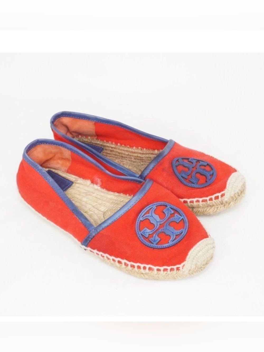Tory Burch Red Espadrille Flats w Navy TB Logo, 8